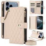 For iPhone 17 Pro Max YM016 Rhombic Zipper Card Wallet Leather Phone Case with Lanyard(Apricot)