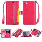 For iPhone SE 2022 / SE 2020 / 8 / 7 Multifunctional Zipper Horizontal Flip Leather Case with Holder & Wallet & 9 Card Slots & Lanyard(Rose Red)