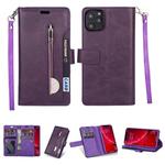 For iPhone 11 Pro Multifunctional Zipper Horizontal Flip Leather Casewith Holder & Wallet & 9 Card Slots & Lanyard(Purple)