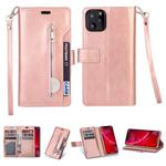 For iPhone 11 Multifunctional Zipper Horizontal Flip Leather Case with Holder & Wallet & 9 Card Slots & Lanyard(Rose Gold)