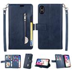 For iPhone X / XS Multifunctional Zipper Horizontal Flip Leather Case with Holder & Wallet & 9 Card Slots & Lanyard(Blue)