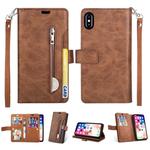 For iPhone X / XS Multifunctional Zipper Horizontal Flip Leather Case with Holder & Wallet & 9 Card Slots & Lanyard(Brown)