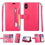 For iPhone X / XS Multifunctional Zipper Horizontal Flip Leather Case with Holder & Wallet & 9 Card Slots & Lanyard(Rose Red)