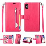 For iPhone XS Max Multifunctional Zipper Horizontal Flip Leather Case with Holder & Wallet & 9 Card Slots & Lanyard(Rose Red)