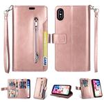 For iPhone XS Max Multifunctional Zipper Horizontal Flip Leather Case with Holder & Wallet & 9 Card Slots & Lanyard(Rose Gold)