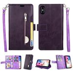 For iPhone XR Multifunctional Zipper Horizontal Flip Leather Case with Holder & Wallet & 9 Card Slots & Lanyard(Purple)