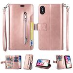 For iPhone XR Multifunctional Zipper Horizontal Flip Leather Case with Holder & Wallet & 9 Card Slots & Lanyard(Rose Gold)