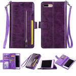For iPhone 8 Plus & 7 Plus Multifunctional Zipper Horizontal Flip Leather Case with Holder & Wallet & 9 Card Slots & Lanyard(Purple)