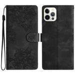 For iPhone 15 Pro Max Cherry Blossom Butterfly Skin Feel Embossed PU Phone Case(Black)