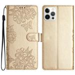 For iPhone 15 Pro Max Cherry Blossom Butterfly Skin Feel Embossed PU Phone Case(Gold)
