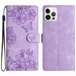 For iPhone 15 Pro Cherry Blossom Butterfly Skin Feel Embossed PU Phone Case(Purple)