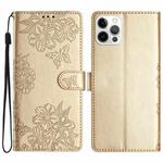 For iPhone 15 Pro Cherry Blossom Butterfly Skin Feel Embossed PU Phone Case(Gold)