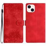 For iPhone 15 Plus Cherry Blossom Butterfly Skin Feel Embossed PU Phone Case(Red)