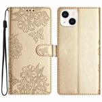 For iPhone 15 Plus Cherry Blossom Butterfly Skin Feel Embossed PU Phone Case(Gold)