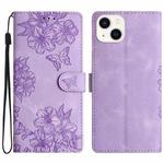 For iPhone 15 Cherry Blossom Butterfly Skin Feel Embossed PU Phone Case(Purple)