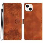 For iPhone 15 Cherry Blossom Butterfly Skin Feel Embossed PU Phone Case(Brown)