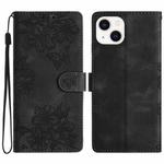 For iPhone 15 Cherry Blossom Butterfly Skin Feel Embossed PU Phone Case(Black)