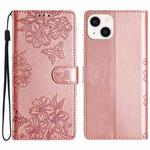 For iPhone 15 Cherry Blossom Butterfly Skin Feel Embossed PU Phone Case(Rose Gold)