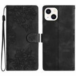 For iPhone 14 Plus Cherry Blossom Butterfly Skin Feel Embossed PU Phone Case(Black)