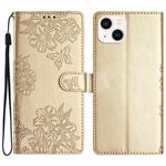 For iPhone 14 Plus Cherry Blossom Butterfly Skin Feel Embossed PU Phone Case(Gold)