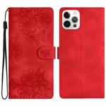 For iPhone 14 Pro Cherry Blossom Butterfly Skin Feel Embossed PU Phone Case(Red)