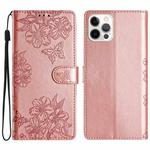 For iPhone 14 Pro Max Cherry Blossom Butterfly Skin Feel Embossed PU Phone Case(Rose Gold)