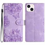For iPhone 13 Cherry Blossom Butterfly Skin Feel Embossed PU Phone Case(Purple)