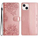 For iPhone 13 Cherry Blossom Butterfly Skin Feel Embossed PU Phone Case(Rose Gold)