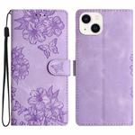 For iPhone 13 mini Cherry Blossom Butterfly Skin Feel Embossed PU Phone Case(Purple)