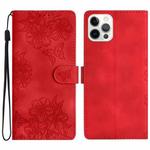 For iPhone 12 Pro Max Cherry Blossom Butterfly Skin Feel Embossed PU Phone Case(Red)