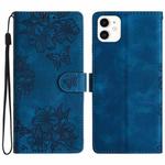 For iPhone 12 mini Cherry Blossom Butterfly Skin Feel Embossed PU Phone Case(Blue)