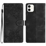 For iPhone 12 mini Cherry Blossom Butterfly Skin Feel Embossed PU Phone Case(Black)