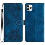 For iPhone 11 Pro Max Cherry Blossom Butterfly Skin Feel Embossed PU Phone Case(Blue)