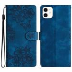 For iPhone 11 Cherry Blossom Butterfly Skin Feel Embossed PU Phone Case(Blue)