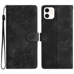 For iPhone 11 Cherry Blossom Butterfly Skin Feel Embossed PU Phone Case(Black)