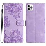 For iPhone 11 Pro Cherry Blossom Butterfly Skin Feel Embossed PU Phone Case(Purple)