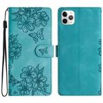 For iPhone 11 Pro Cherry Blossom Butterfly Skin Feel Embossed PU Phone Case(Green)