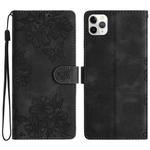 For iPhone 11 Pro Cherry Blossom Butterfly Skin Feel Embossed PU Phone Case(Black)
