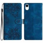 For iPhone XS / X Cherry Blossom Butterfly Skin Feel Embossed PU Phone Case(Blue)