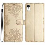 For iPhone XS / X Cherry Blossom Butterfly Skin Feel Embossed PU Phone Case(Gold)