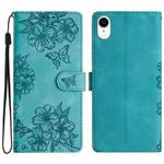 For iPhone XR Cherry Blossom Butterfly Skin Feel Embossed PU Phone Case(Green)