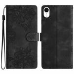 For iPhone XR Cherry Blossom Butterfly Skin Feel Embossed PU Phone Case(Black)