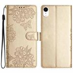 For iPhone XR Cherry Blossom Butterfly Skin Feel Embossed PU Phone Case(Gold)