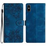 For iPhone XS Max Cherry Blossom Butterfly Skin Feel Embossed PU Phone Case(Blue)