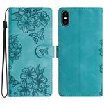 For iPhone XS Max Cherry Blossom Butterfly Skin Feel Embossed PU Phone Case(Green)