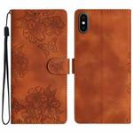 For iPhone XS Max Cherry Blossom Butterfly Skin Feel Embossed PU Phone Case(Brown)