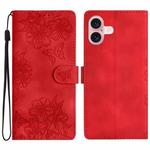 For iPhone 16 Cherry Blossom Butterfly Skin Feel Embossed PU Phone Case(Red)