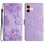 For iPhone 16 Cherry Blossom Butterfly Skin Feel Embossed PU Phone Case(Purple)