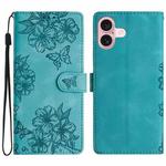 For iPhone 16 Cherry Blossom Butterfly Skin Feel Embossed PU Phone Case(Green)