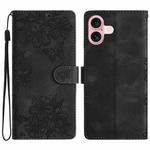 For iPhone 16 Cherry Blossom Butterfly Skin Feel Embossed PU Phone Case(Black)